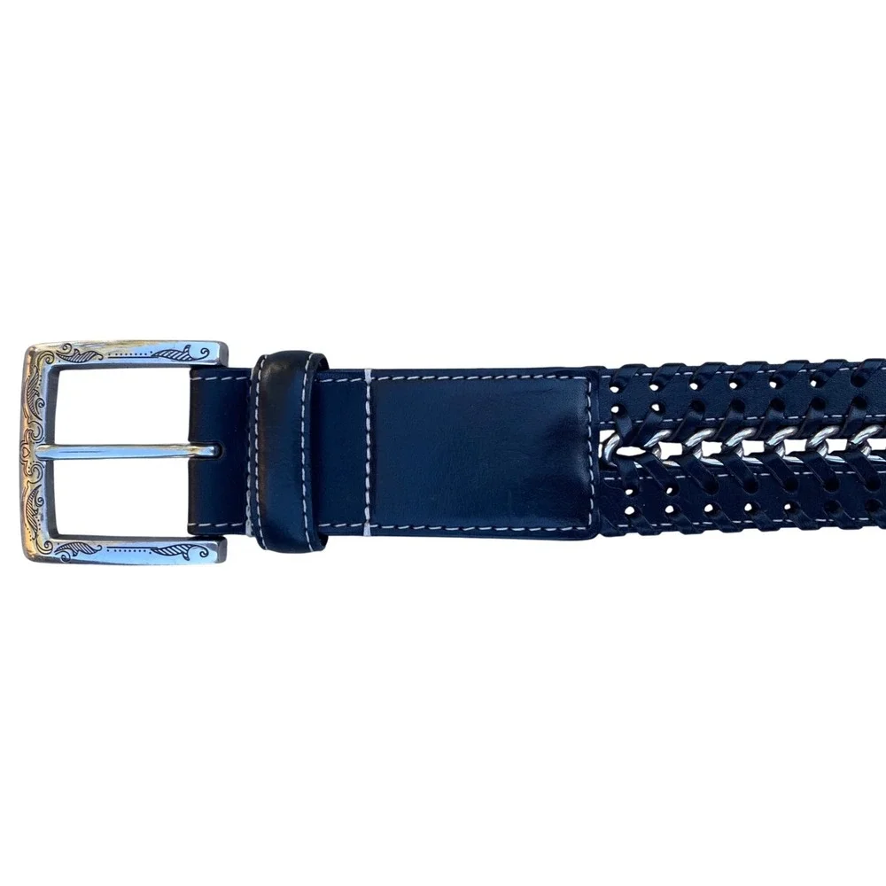 Brighton XL 36 Leather‎ Belt Silver Chain Braided Details Black Womens